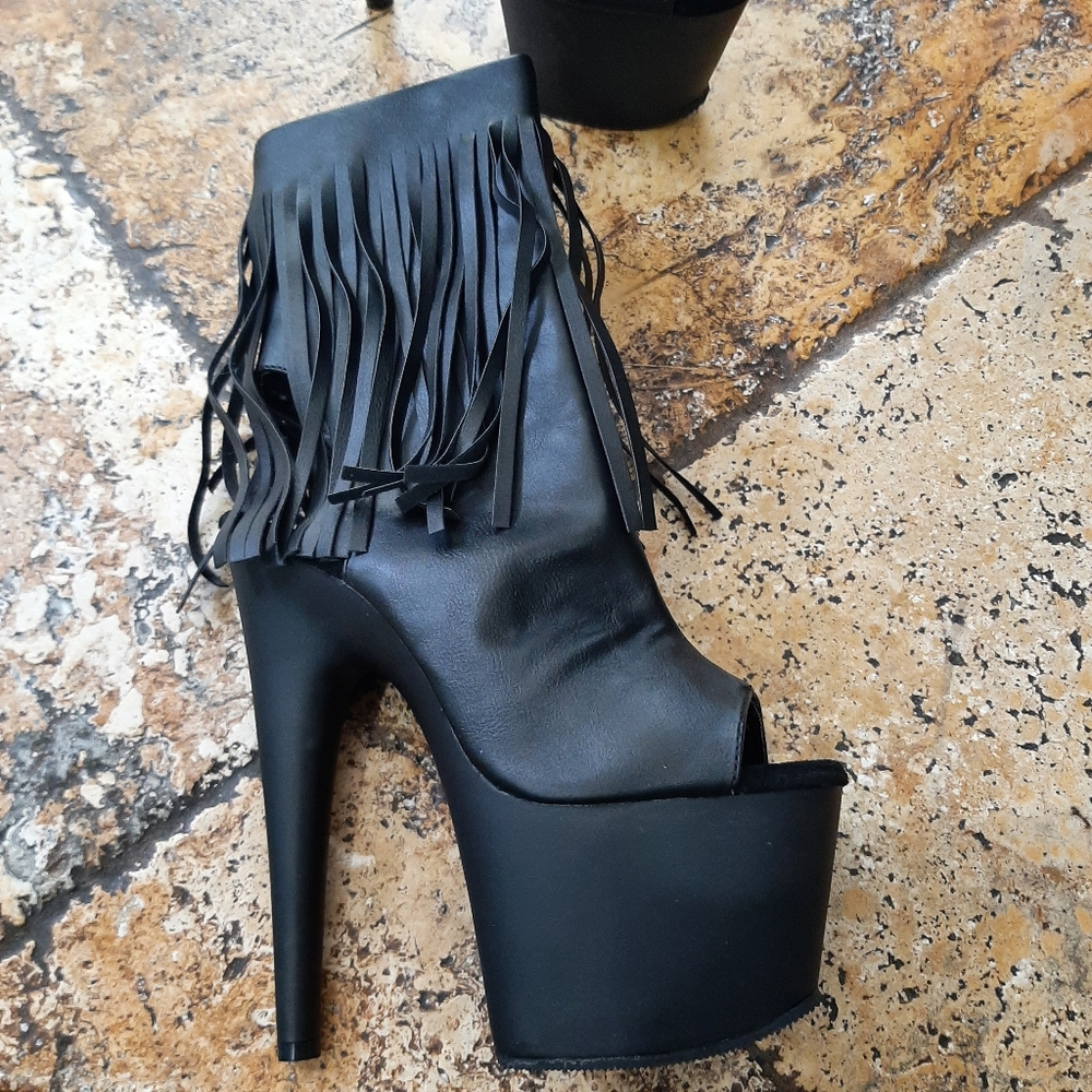 Black pleaser heels boots fringe faux leather adore 1019